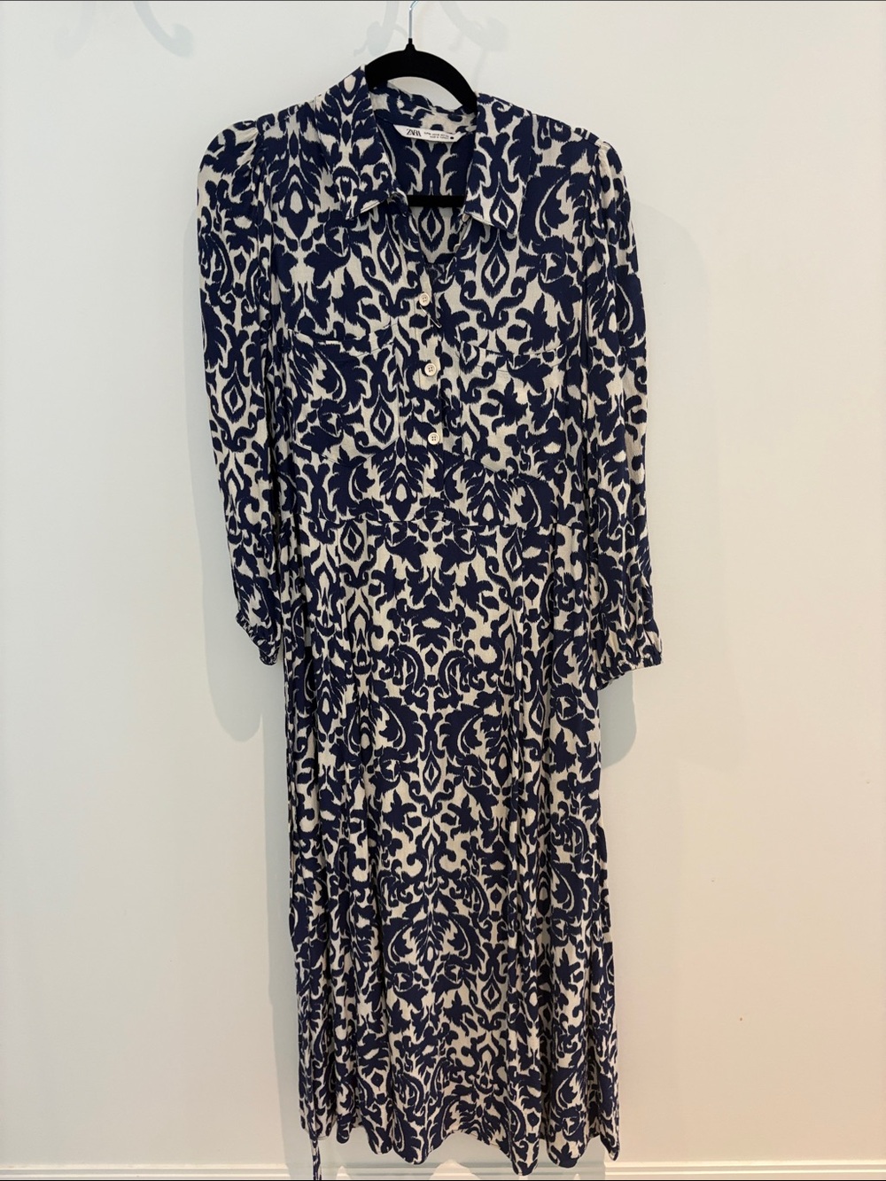 ZARA Kaftan Boho Midi Shirt Dress Women M Navy Blue White Printed Button Front